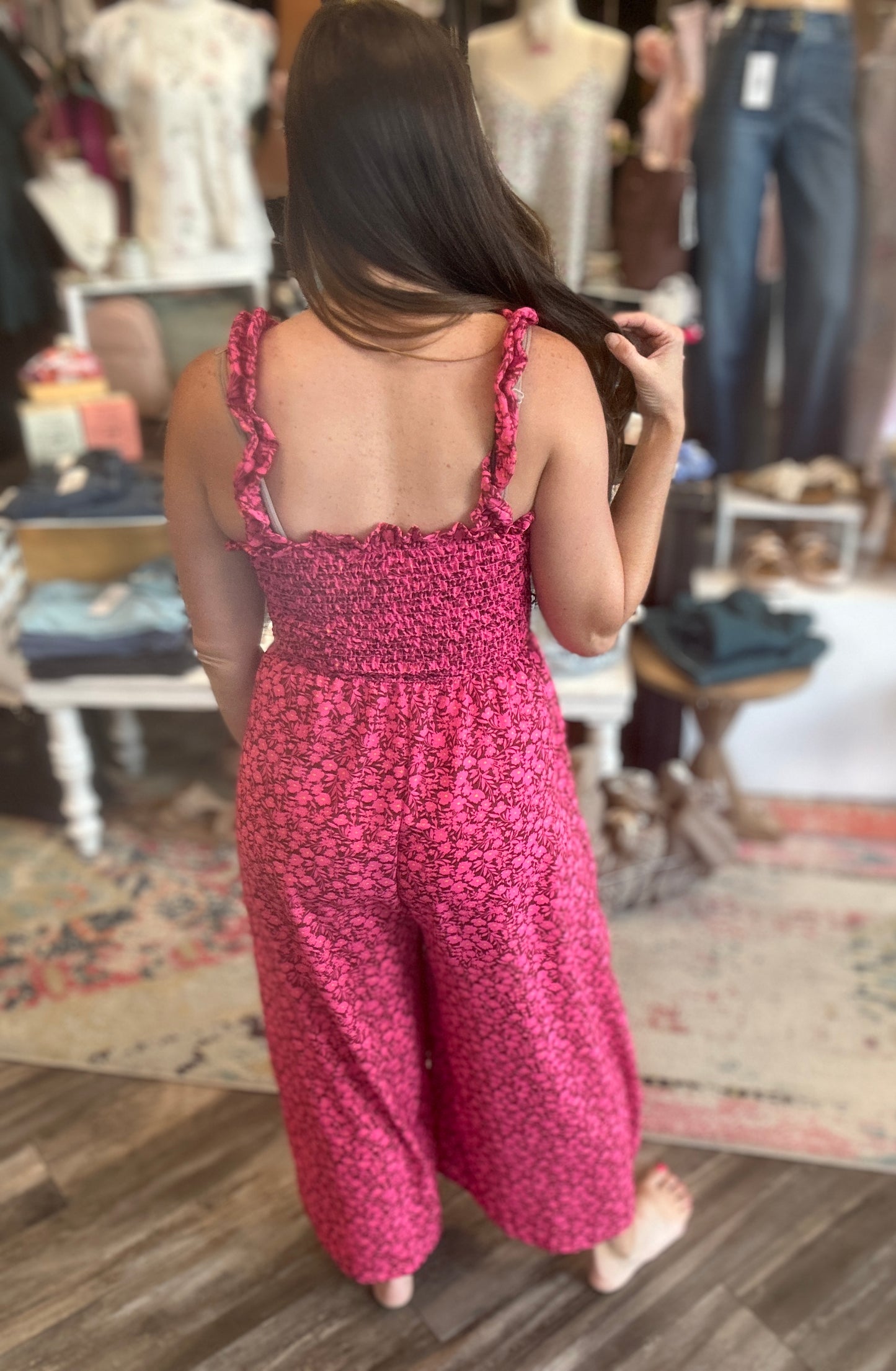 Smocking Frill Strap Floral Wide Leg Jumpsuit