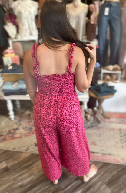 Smocking Frill Strap Floral Wide Leg Jumpsuit