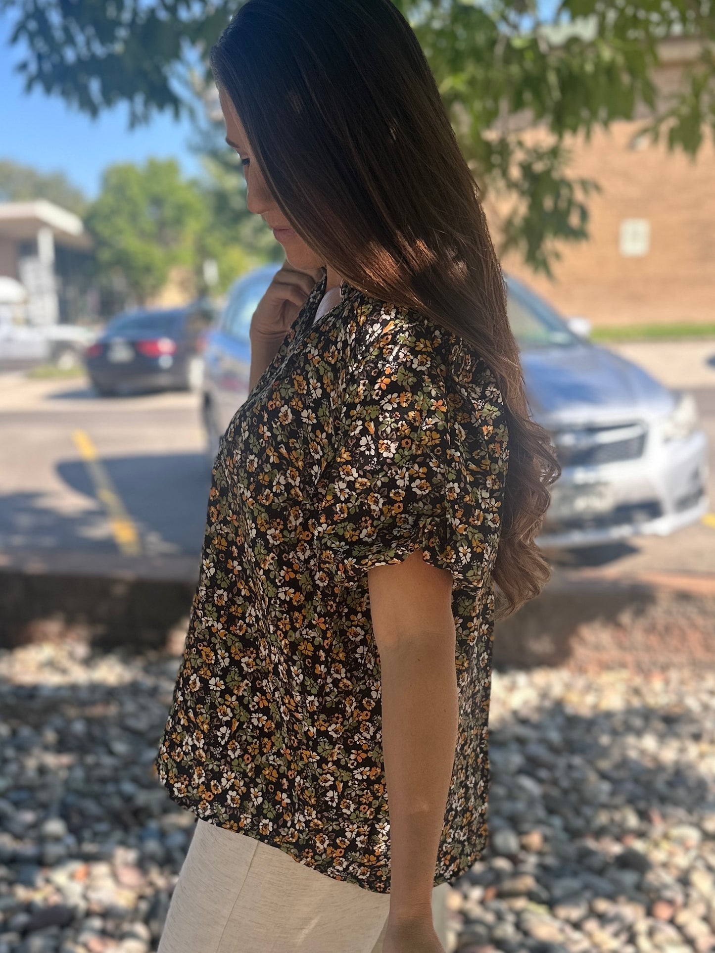 Black Floral Puff Sleeve Blouse