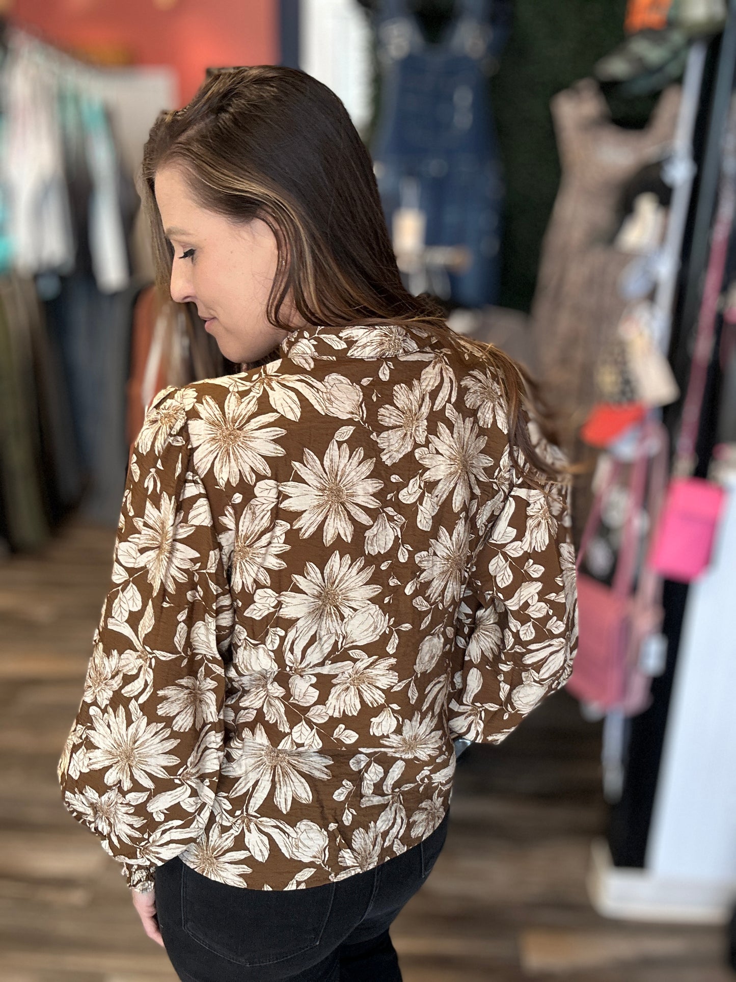 Mocha Floral Long Sleeve Blouse