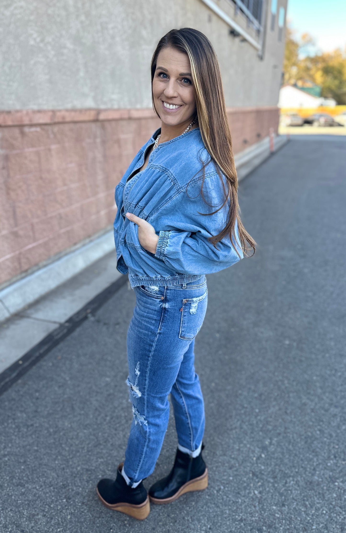 Pleated Denim Jacket