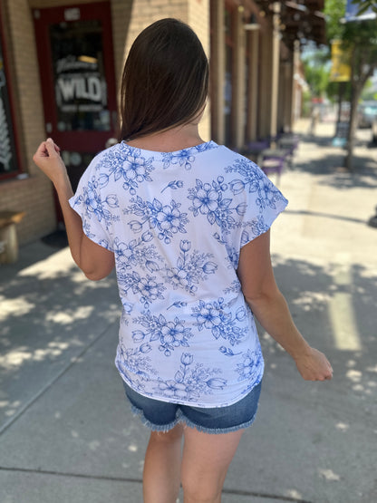 Drop Shoulder Floral Print Knit Top