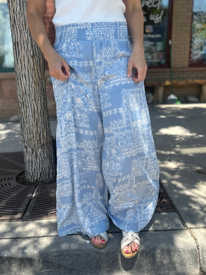 Smocked Waist Wide Leg Patchwork Pants