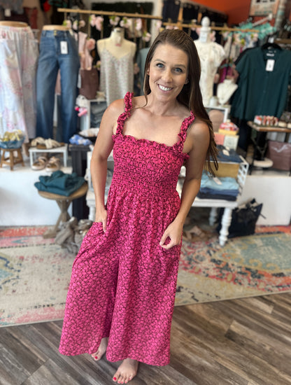 Smocking Frill Strap Floral Wide Leg Jumpsuit