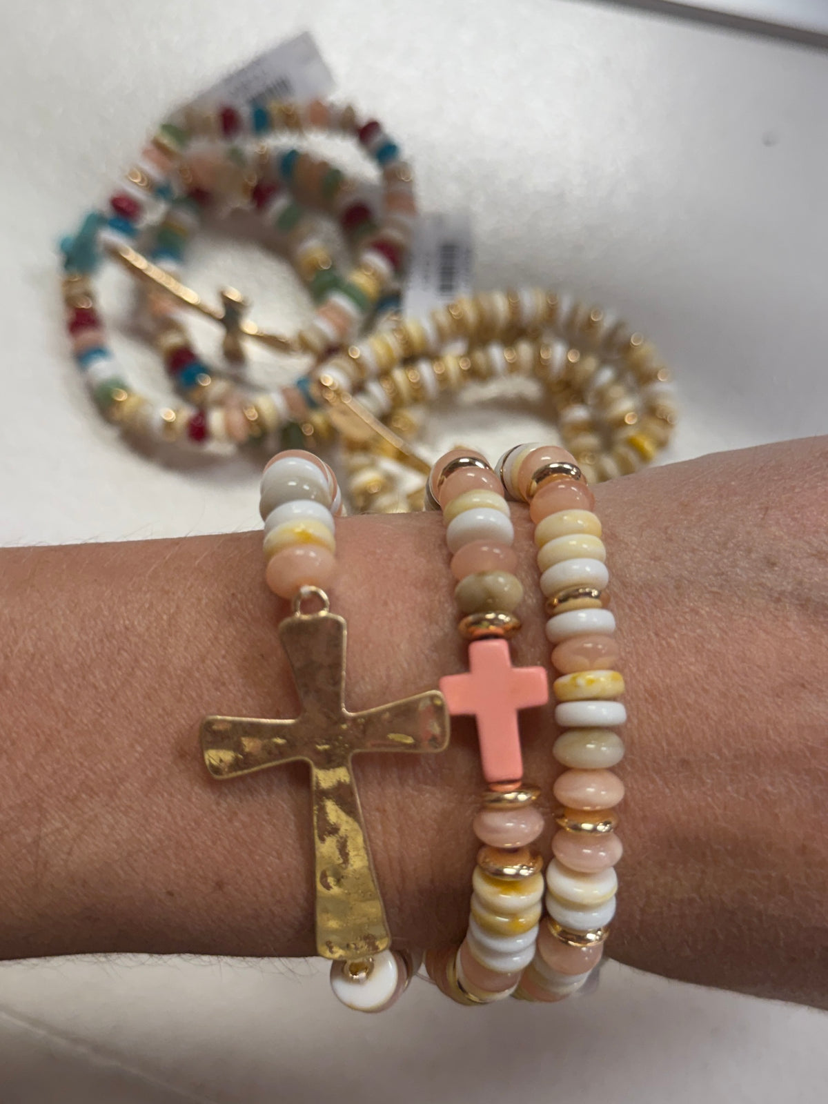 Beaded Gold Cross Stretch Bracelet Set