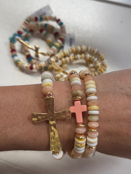 Beaded Gold Cross Stretch Bracelet Set