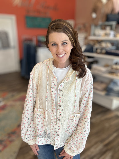Cream Floral and Lace Hooded Jacket