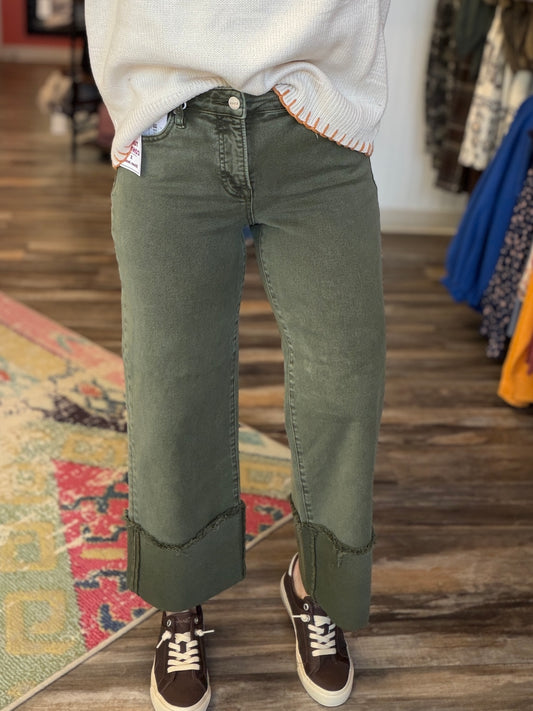 Burnt Olive Wide Leg Cuffed Pants