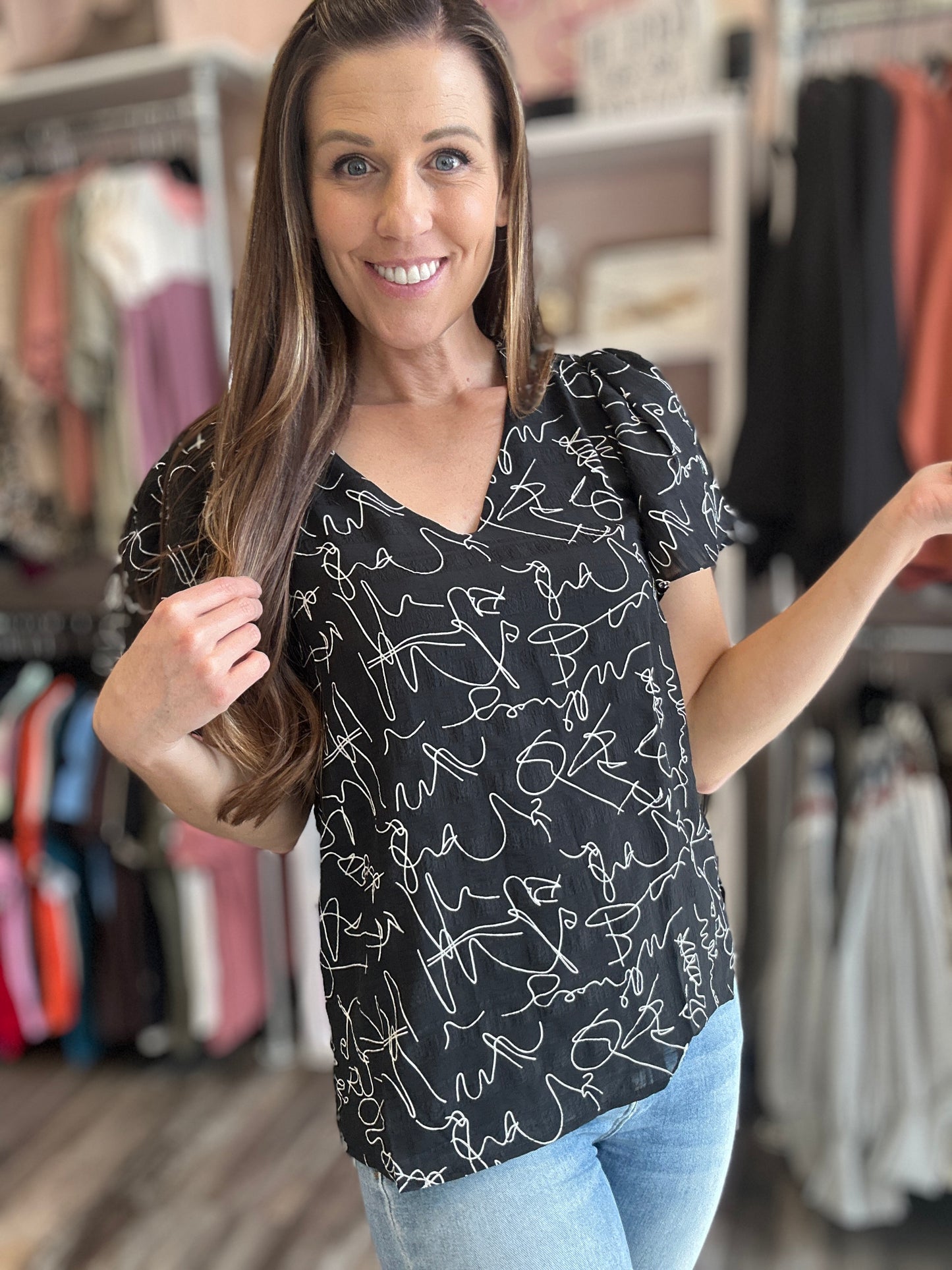 Black Abstract Ruffle Blouse Top