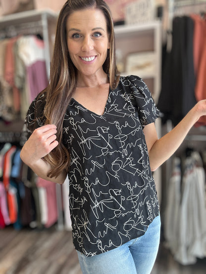 Black Abstract Ruffle Blouse Top