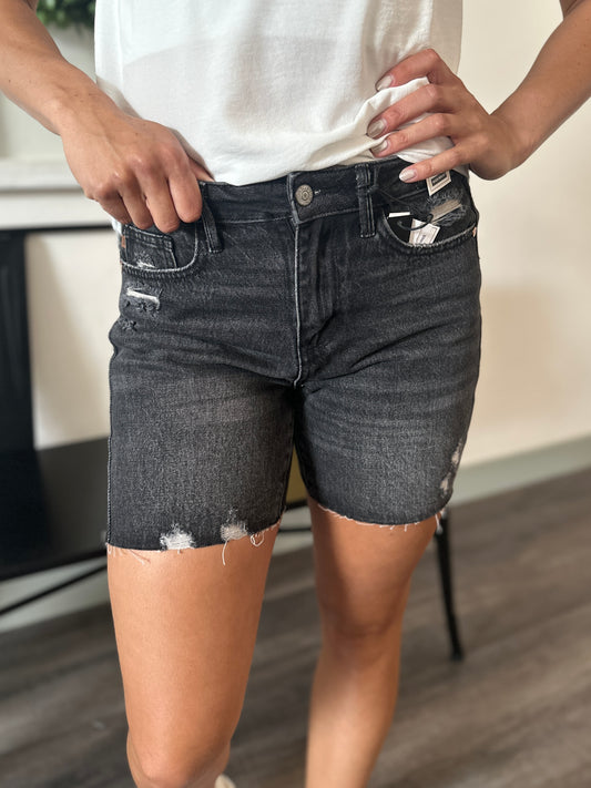 Black Rigid Destroy Raw Hem Shorts