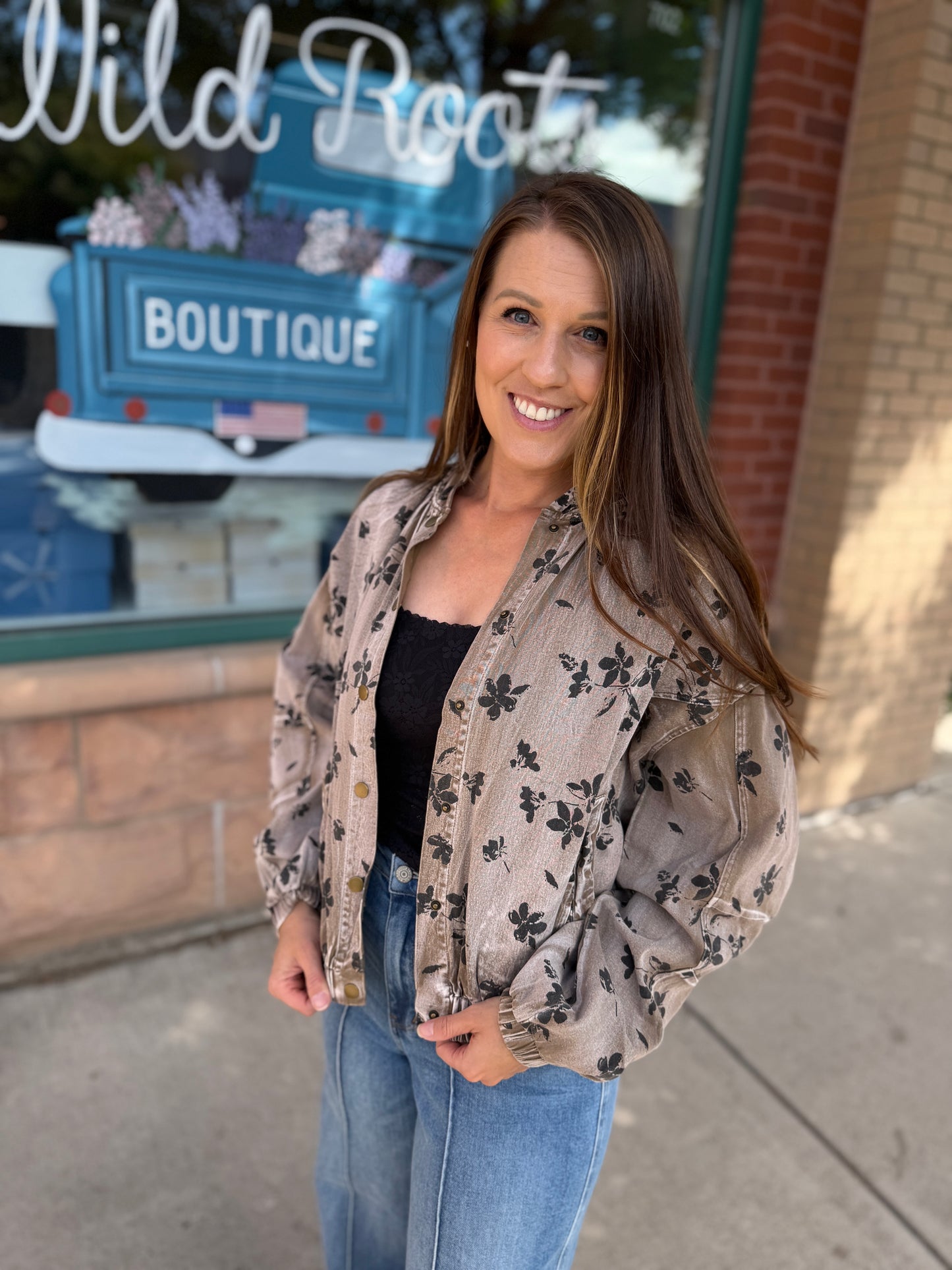 Mocha Floral Twill Puff Jacket