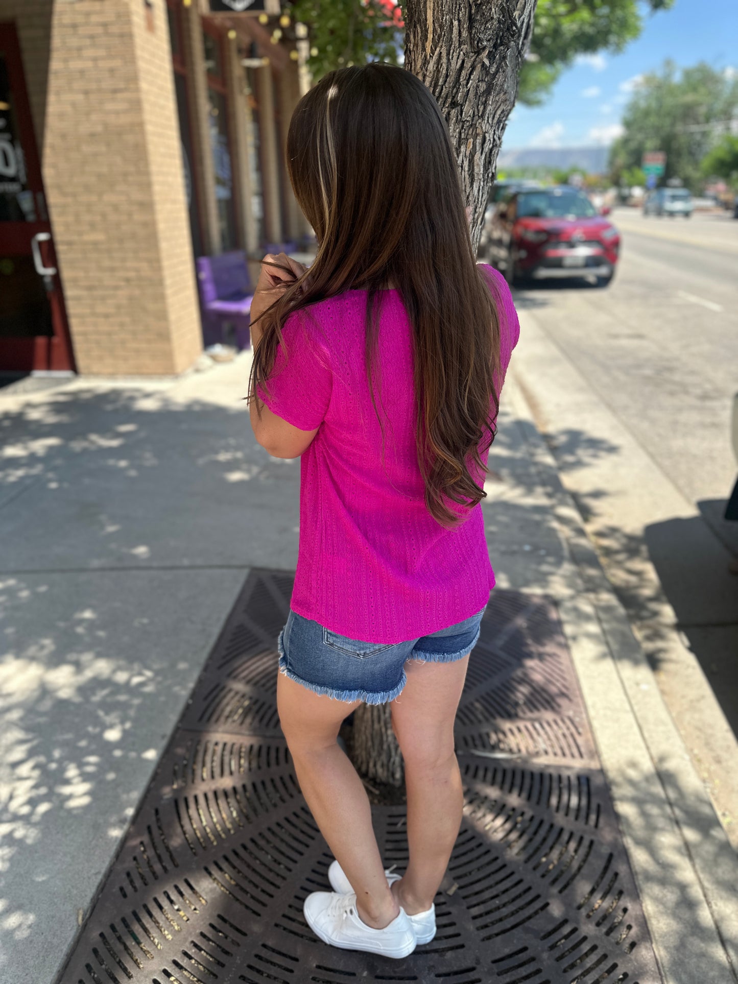 Magenta Eyelet Short Sleeve