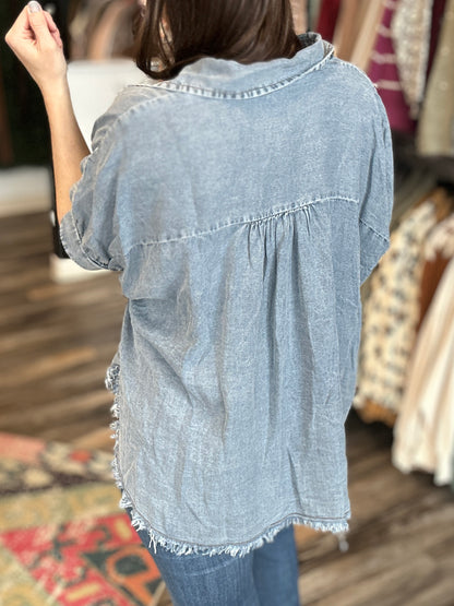 Frayed Trim Denim Top