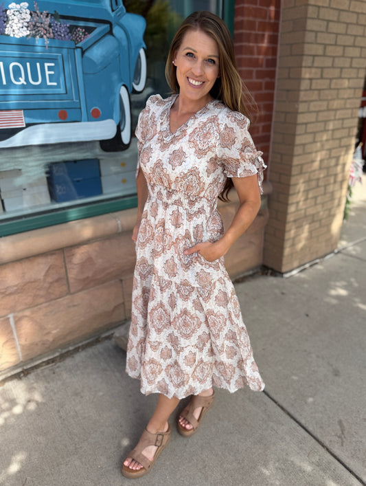Smocked Waist Tie Sleeve Dress