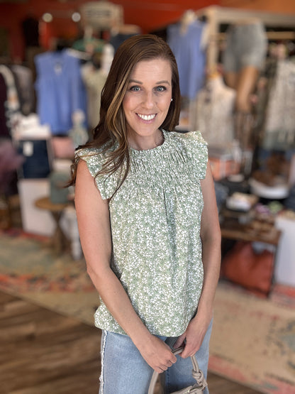 Floral Smocked Ruffle Cap Sleeve