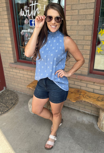Blue Mock Neck Sleeveless Top
