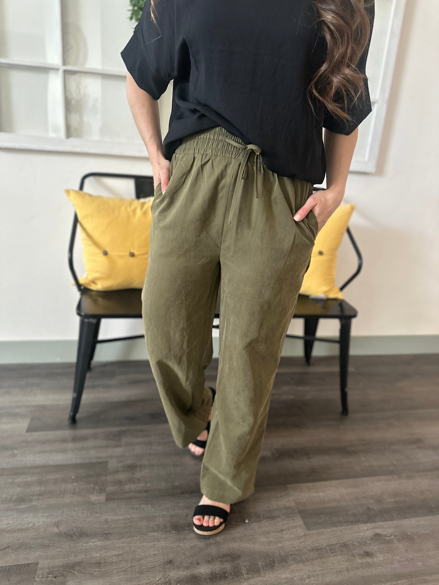 Olive Elastic Wide Leg Pants