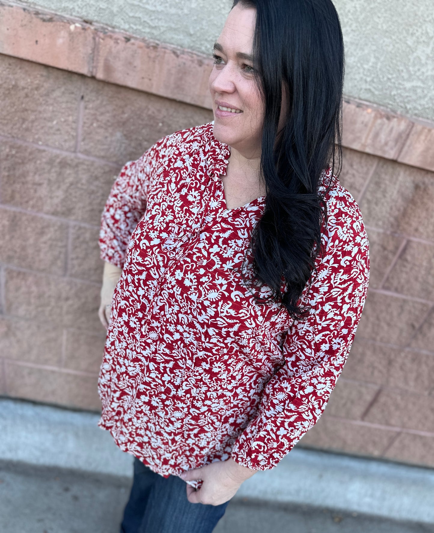 Red Floral Smocked Blouse