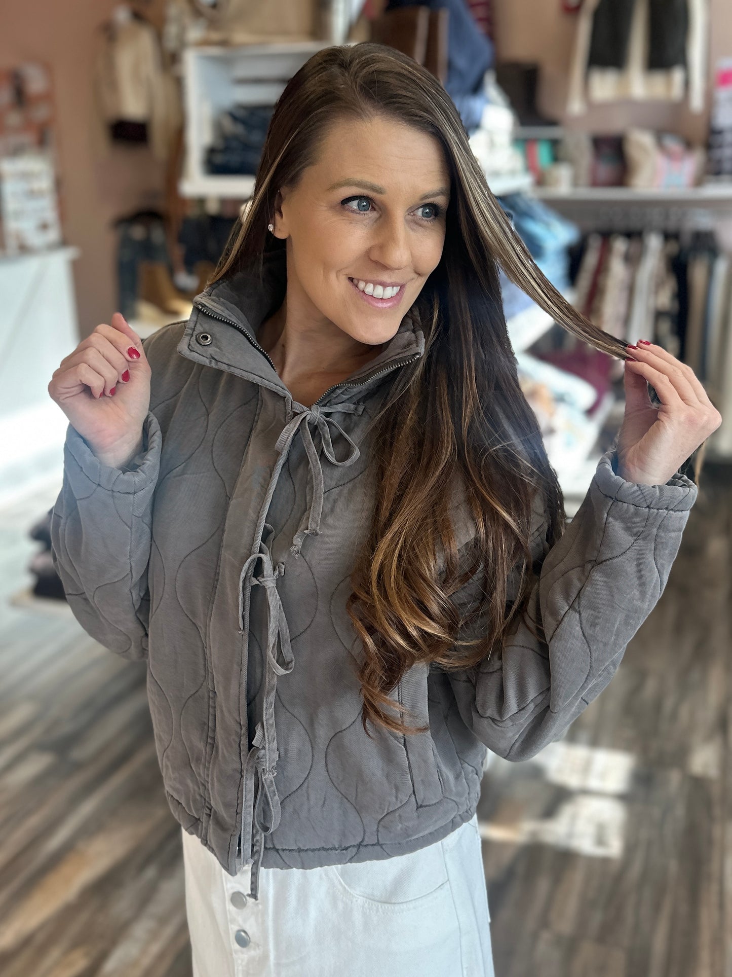 Washed Quilted Front Tie Puffer Jacket