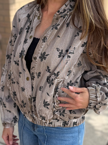 Mocha Floral Twill Puff Jacket