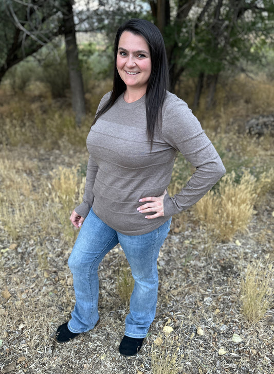 Pintucked Crew Neck Long Sleeve