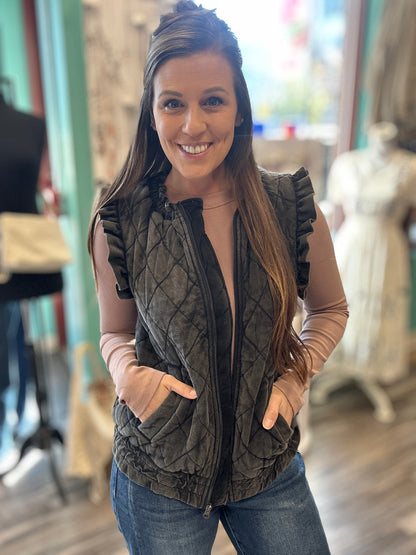 Washed Quilted Ruffle Sleeve Vest