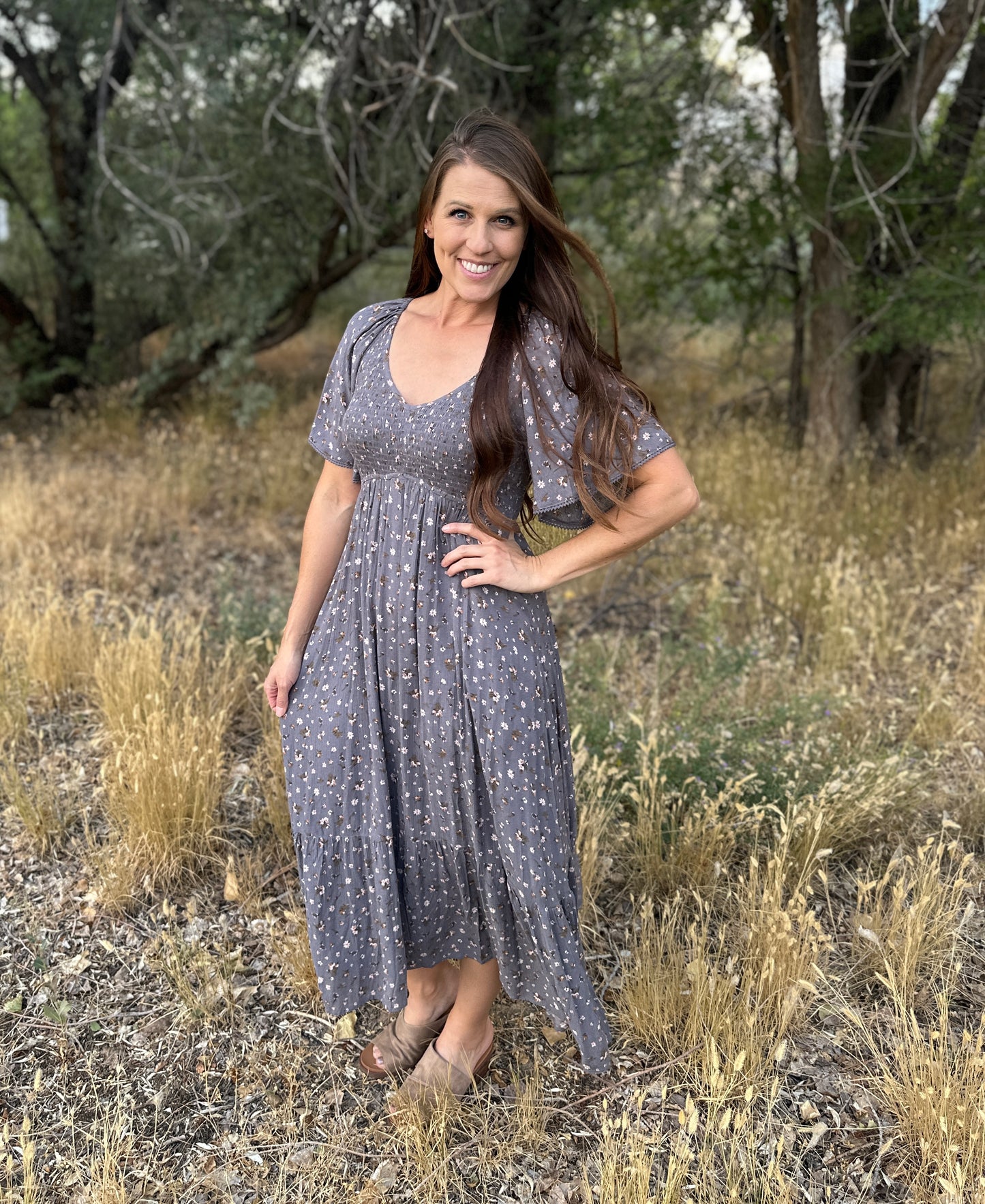 Slate Grey + Floral Smocked Midi Dress