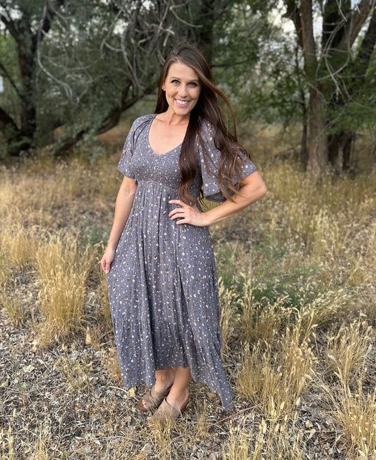 Slate Grey + Floral Smocked Midi Dress