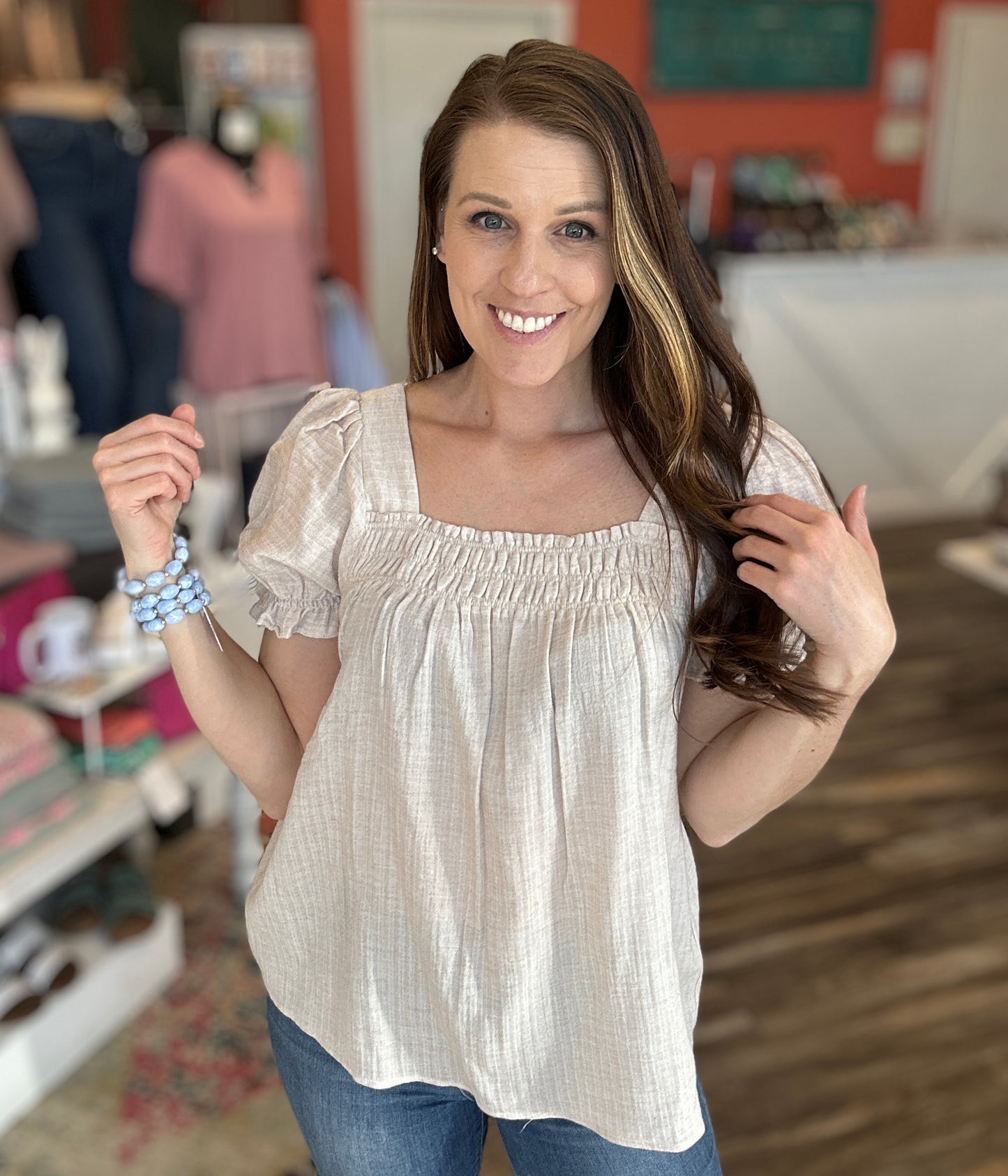 Oatmeal Smocked Top