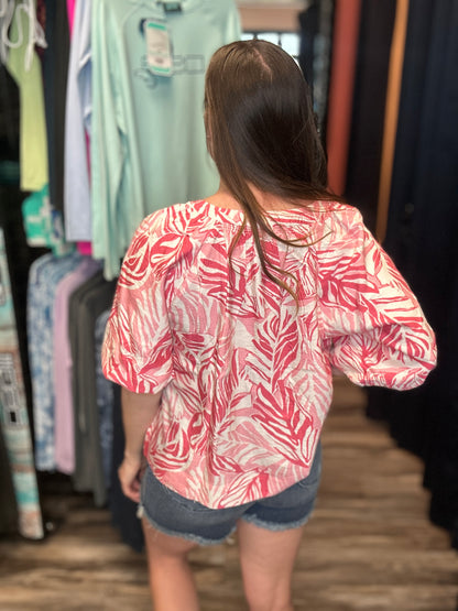 Pink Bubble Sleeve Mandain Collar Top