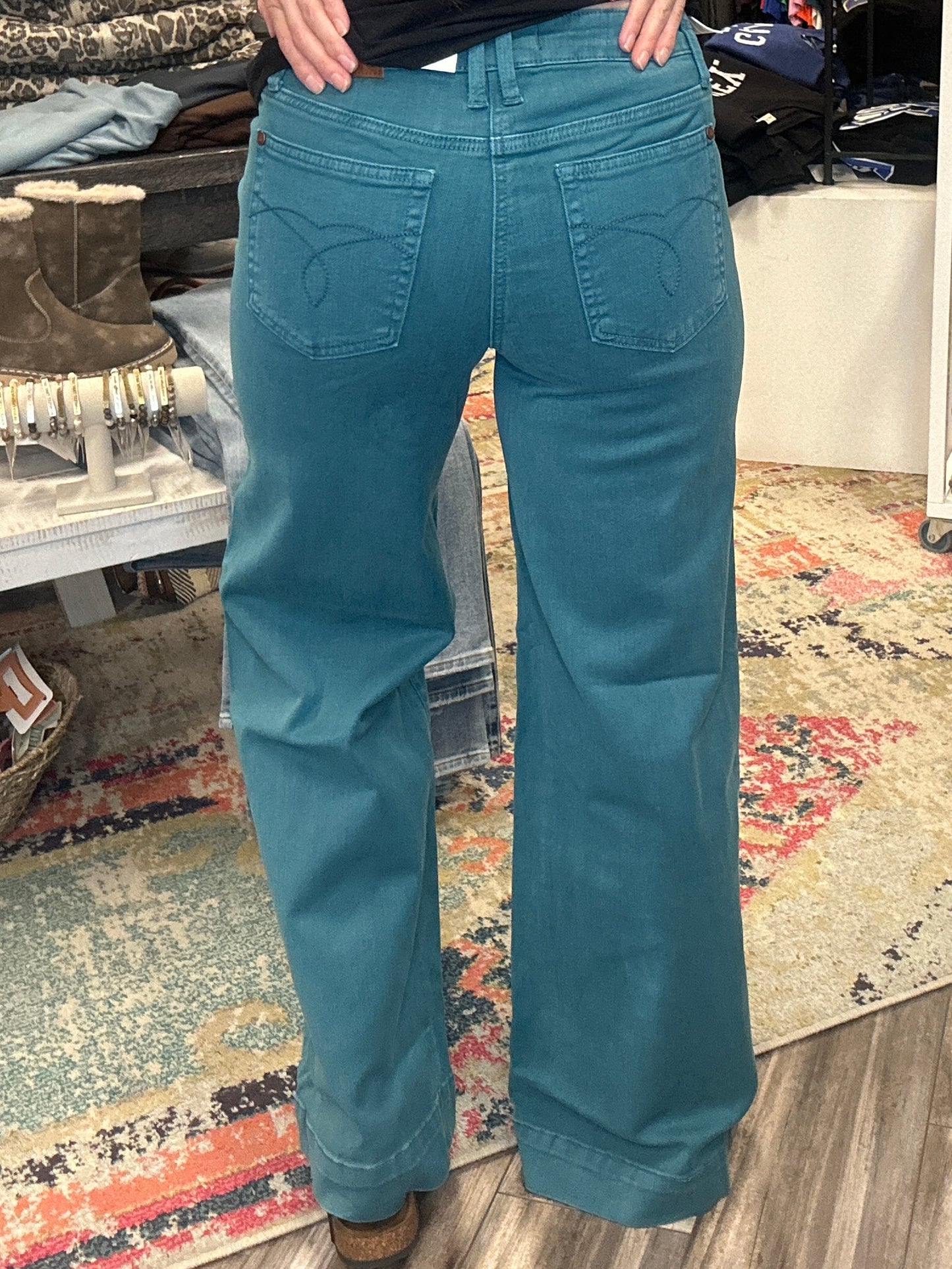 Mid Rise Teal Wide Leg Jeans