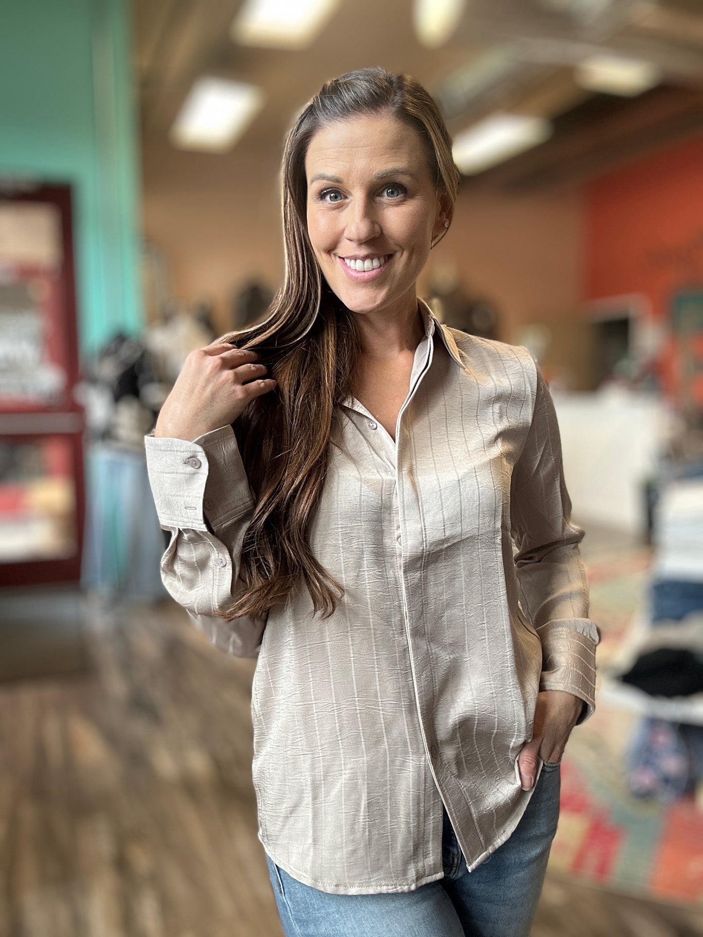 Taupe Stripe Button Down Long Sleeve