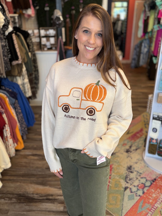 Autumn on the Road Pumpkin Truck Graphic Sweater