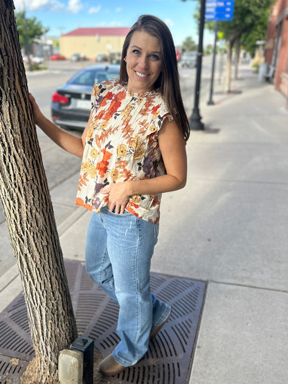 Rust Floral Ruffle Short Sleeve