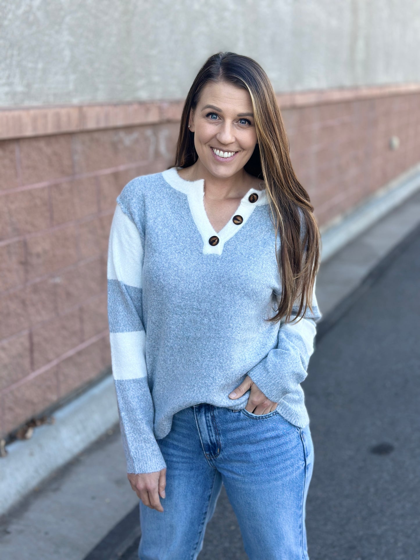 Heather Grey Sweater with Button Neckline