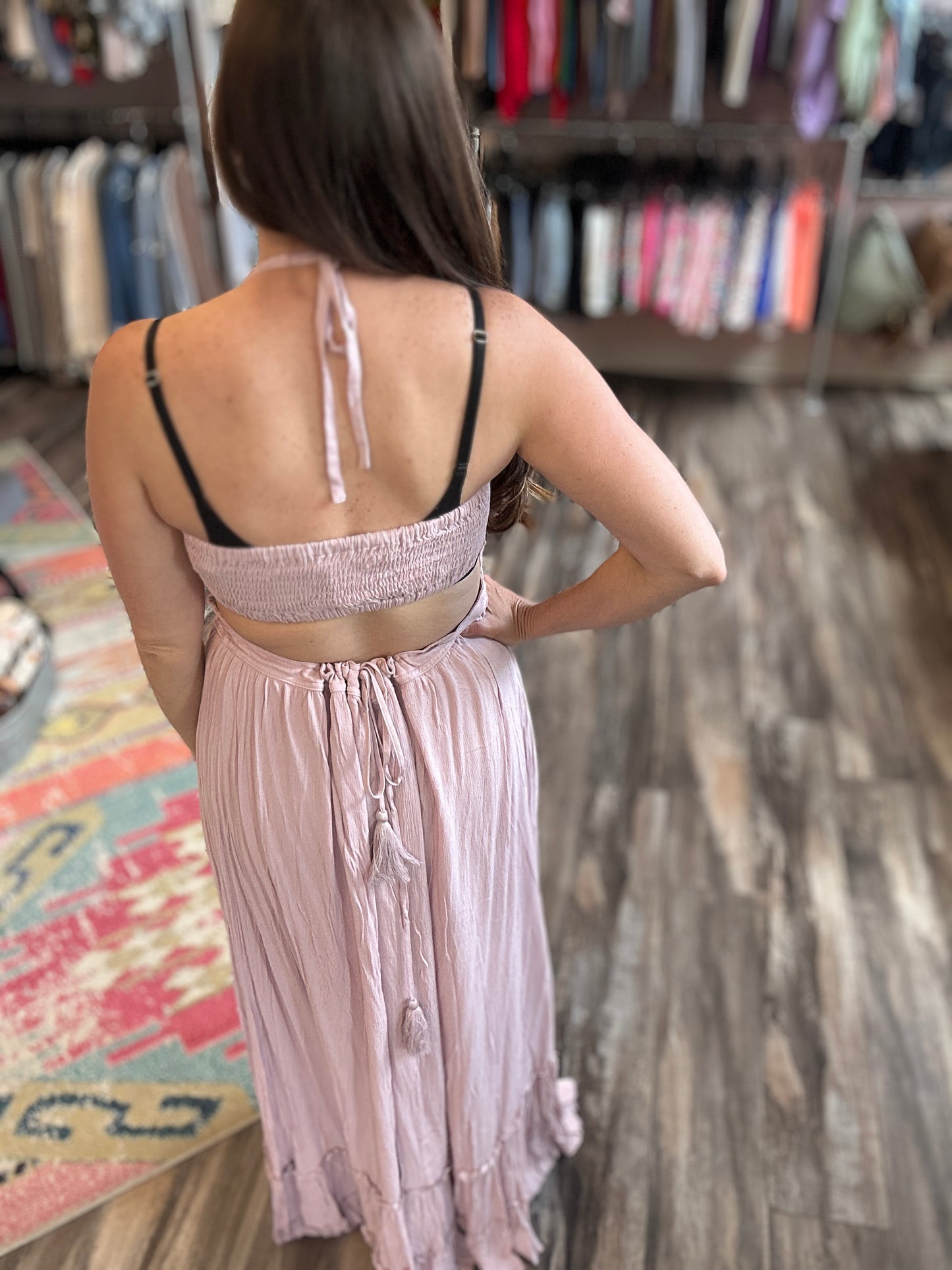 Dusty Lavender Open Back Halter Dress