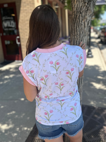 Drop Shoulder Short Sleeve Tulip Print Top