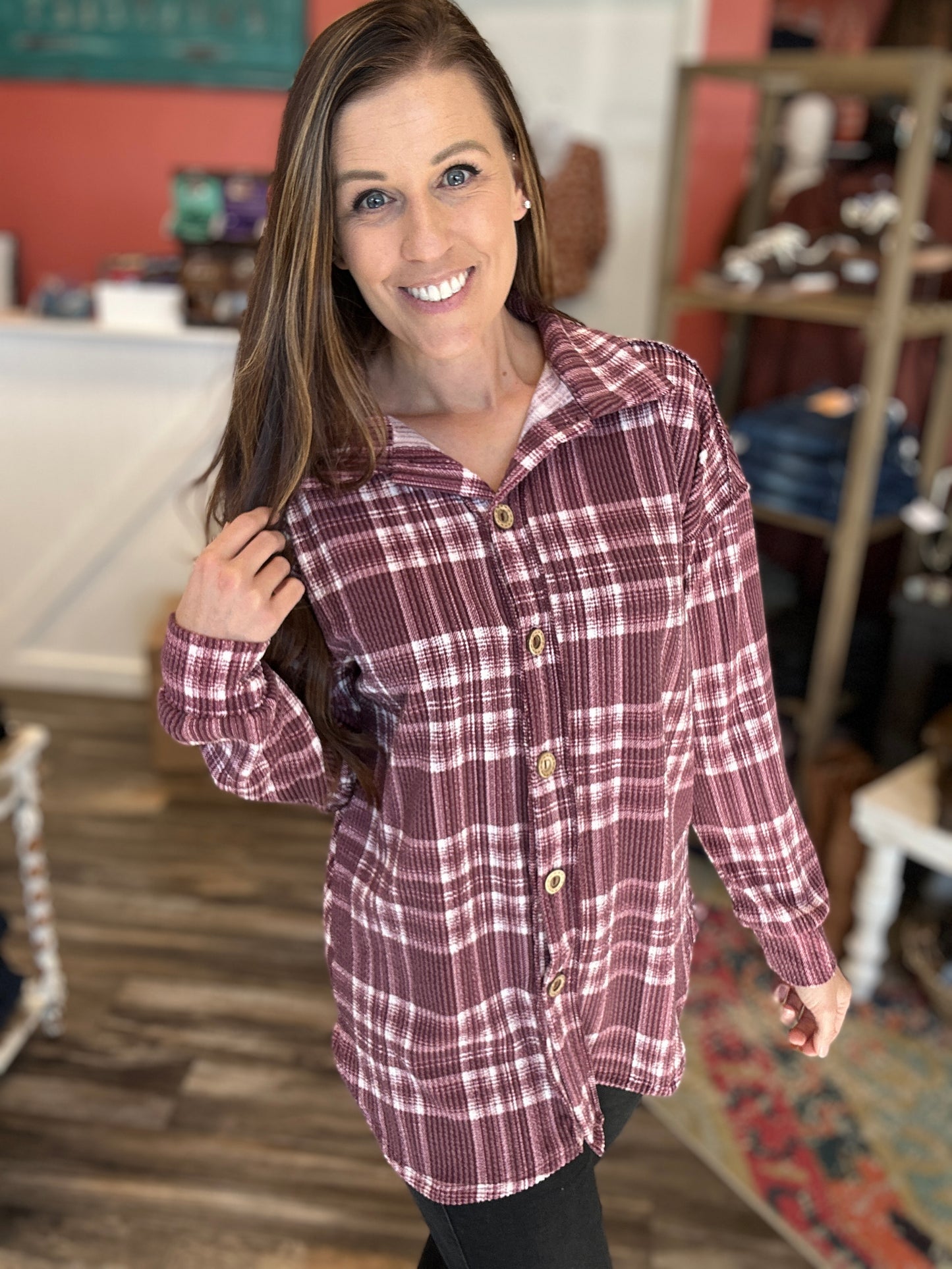 Burgundy Ribbed Button UP