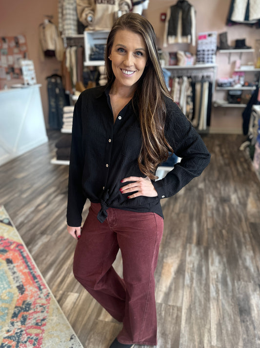 Crinkled Gauze Black Button Up