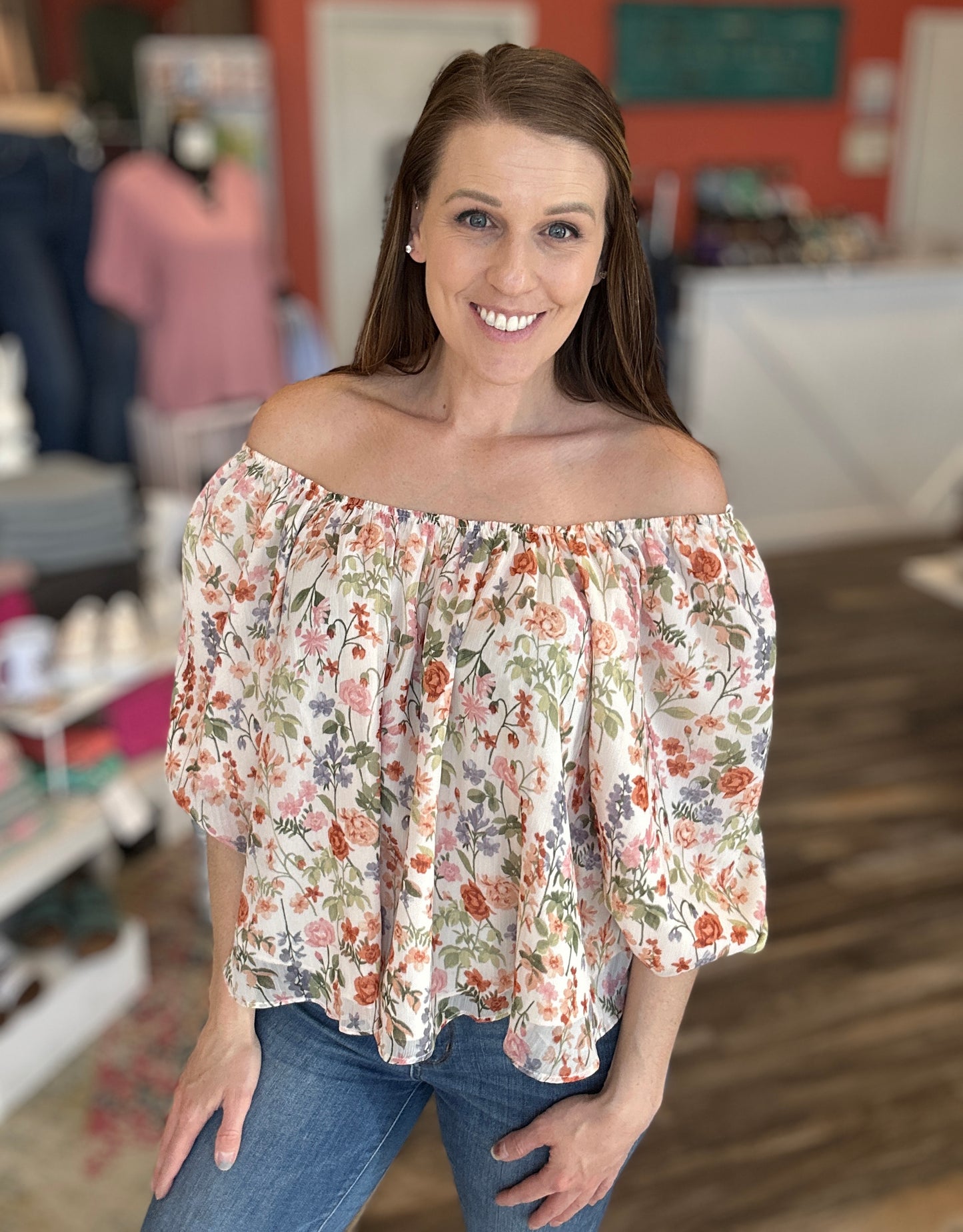 Square Neck Balloon Sleeve Floral Shirt