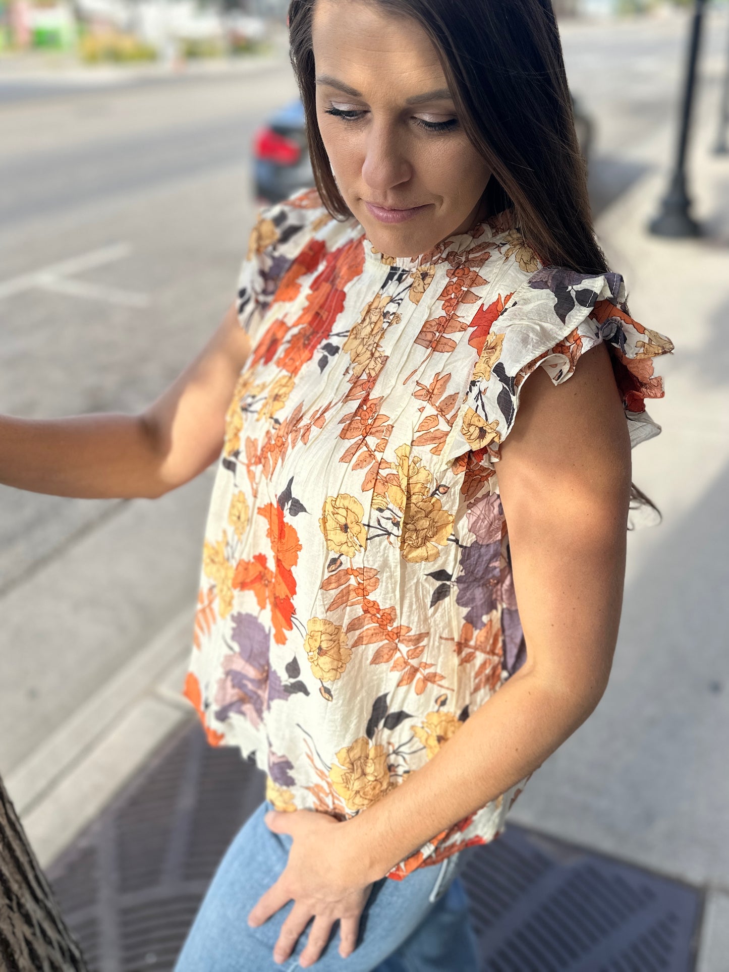 Rust Floral Ruffle Short Sleeve
