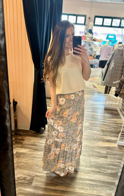 Grey and Peach Floral Skirt