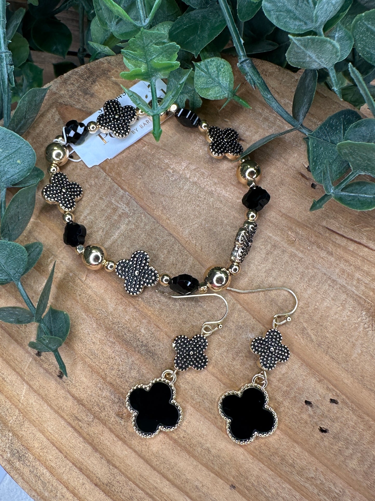 Black and Gold Clover Dangle Earrings