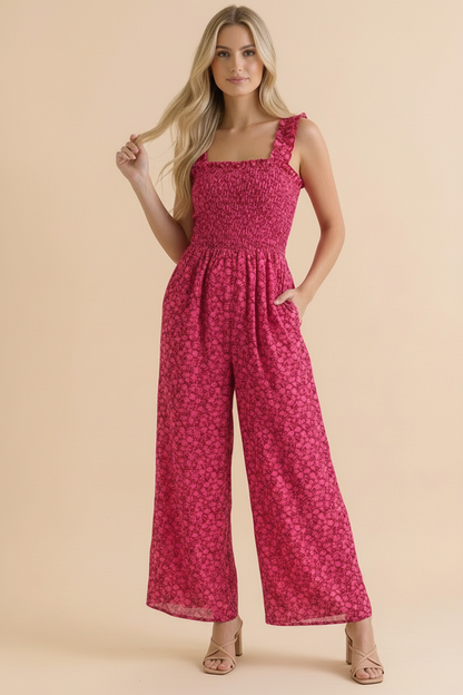 Smocking Frill Strap Floral Wide Leg Jumpsuit