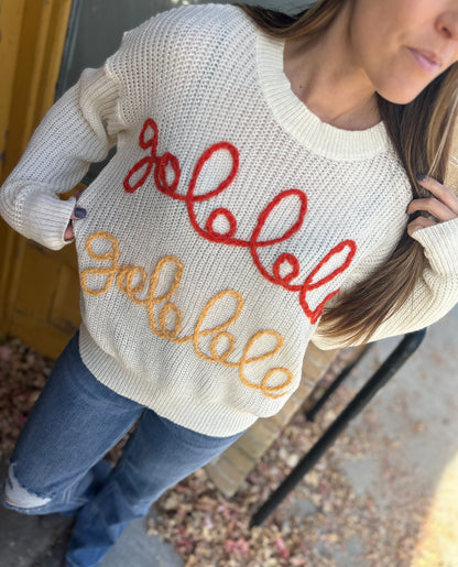 Embroidered "Gobble Gobble" Knit Sweater