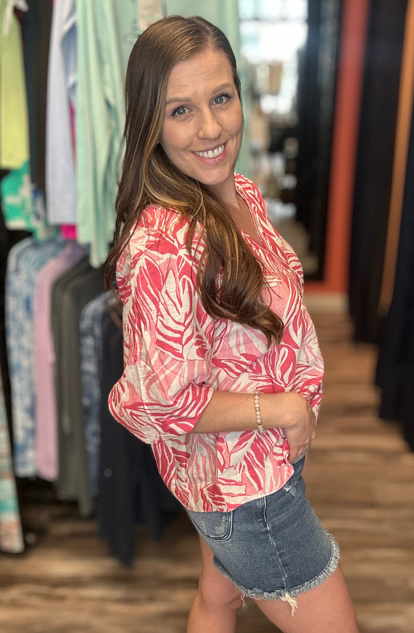 Pink Bubble Sleeve Mandain Collar Top
