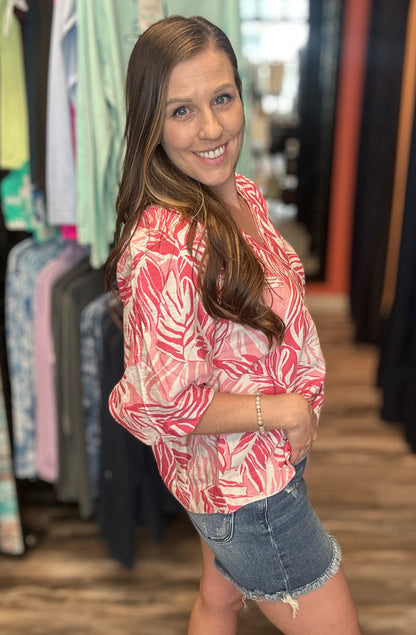 Pink Bubble Sleeve Mandain Collar Top