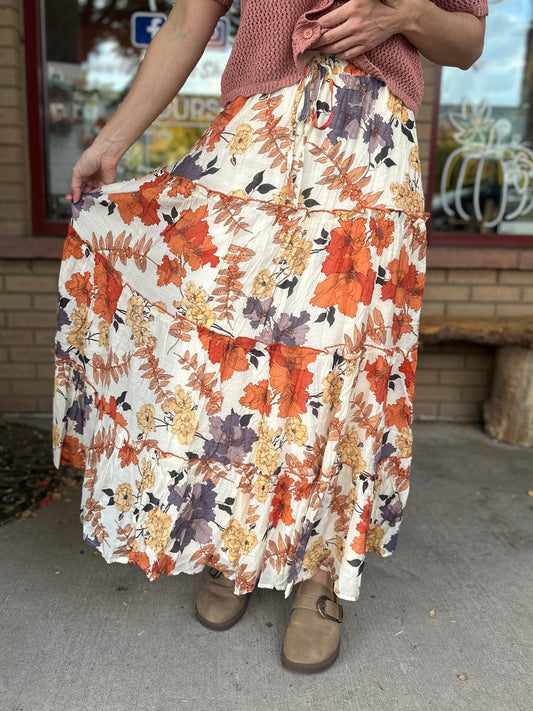 Rust Floral Ruffle Skirt