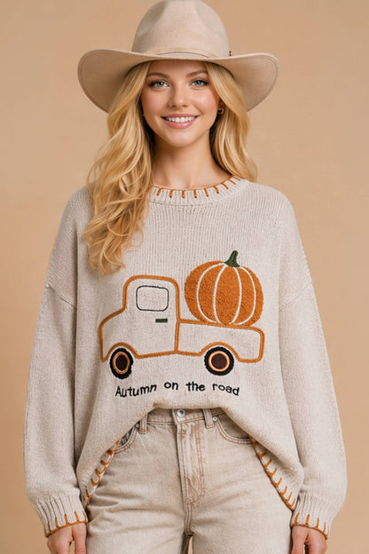 Autumn on the Road Pumpkin Truck Graphic Sweater